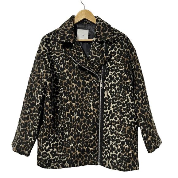 Mango MNG Casual Oversized Faux Fur Moto Jacket Size M Leopard Print Mob Wife - Picture 1 of 7